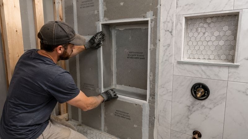 waterproof backer board for niche-specific detailing for wet shower storage